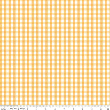 Image of the Floral Charms Gingham Honey quilting cotton fabric by Kelsey Carlson for Riley Blake Designs. Features flowers on a yellow background. Cute Little Fabric Shop