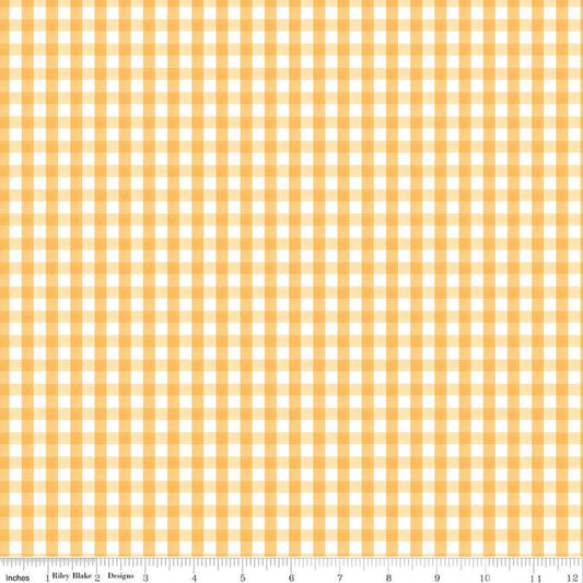 Image of the Floral Charms Gingham Honey quilting cotton fabric by Kelsey Carlson for Riley Blake Designs. Features flowers on a yellow background. Cute Little Fabric Shop