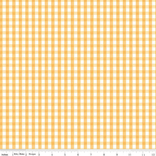Image of the Floral Charms Gingham Honey quilting cotton fabric by Kelsey Carlson for Riley Blake Designs. Features flowers on a yellow background. Cute Little Fabric Shop