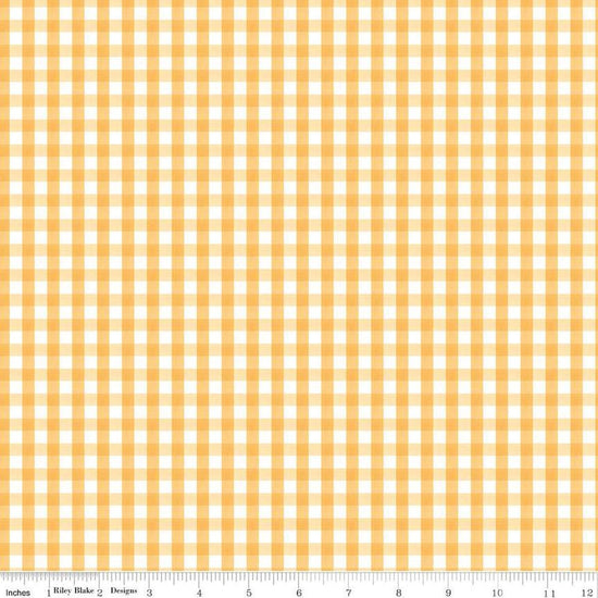 Image of the Floral Charms Gingham Honey quilting cotton fabric by Kelsey Carlson for Riley Blake Designs. Features flowers on a yellow background. Cute Little Fabric Shop