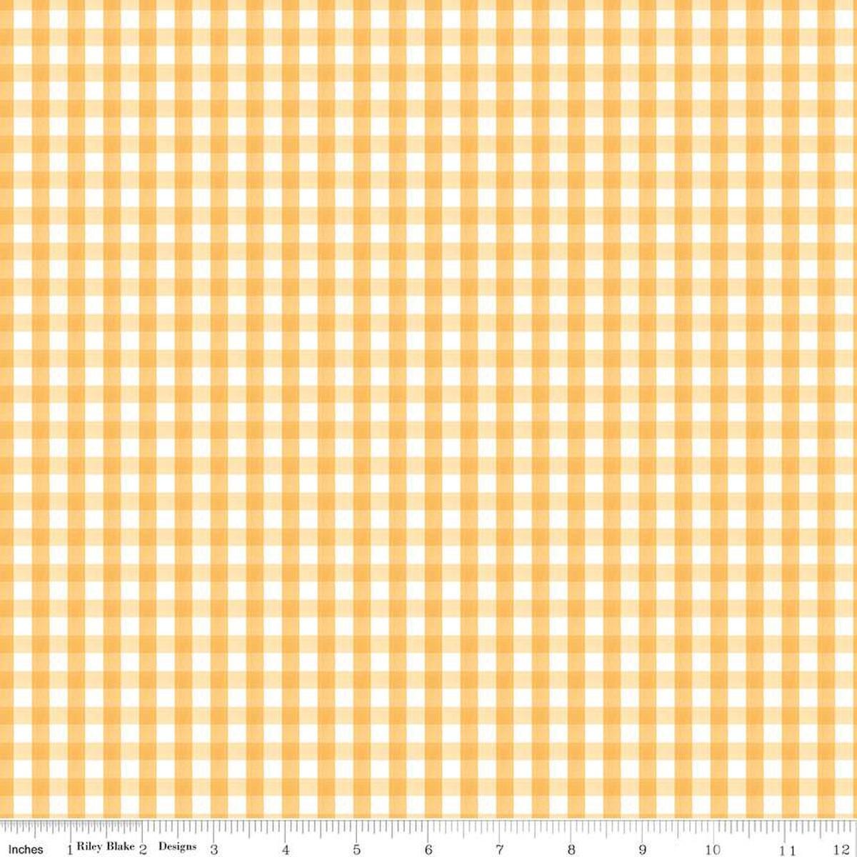 Image of the Floral Charms Gingham Honey quilting cotton fabric by Kelsey Carlson for Riley Blake Designs. Features flowers on a yellow background. Cute Little Fabric Shop