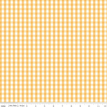 Image of the Floral Charms Gingham Honey quilting cotton fabric by Kelsey Carlson for Riley Blake Designs. Features flowers on a yellow background. Cute Little Fabric Shop