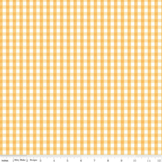 Image of the Floral Charms Gingham Honey quilting cotton fabric by Kelsey Carlson for Riley Blake Designs. Features flowers on a yellow background. Cute Little Fabric Shop