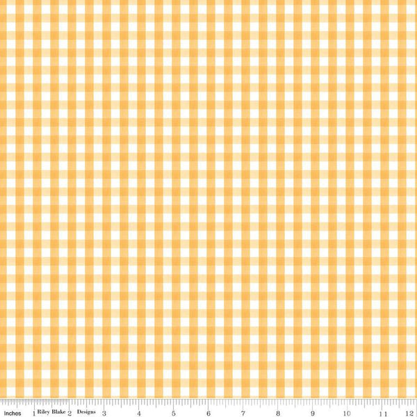 Image of the Floral Charms Gingham Honey quilting cotton fabric by Kelsey Carlson for Riley Blake Designs. Features flowers on a yellow background. Cute Little Fabric Shop