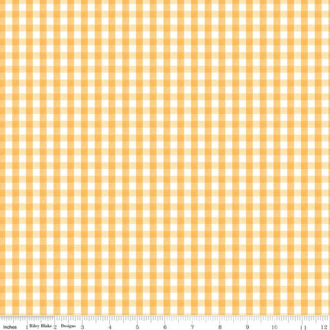 Image of the Floral Charms Gingham Honey quilting cotton fabric by Kelsey Carlson for Riley Blake Designs. Features flowers on a yellow background. Cute Little Fabric Shop