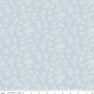Image of the Floral Charms Posies Stone quilting cotton fabric by Kelsey Carlson for Riley Blake Designs. Features flowers on a blue background. Cute Little Fabric Shop