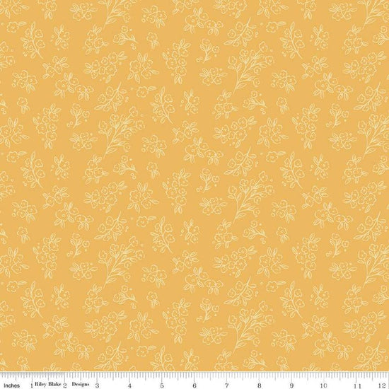 Image of the Floral Charms Posies Honey quilting cotton fabric by Kelsey Carlson for Riley Blake Designs. Features flowers on a yellow background. Cute Little Fabric Shop