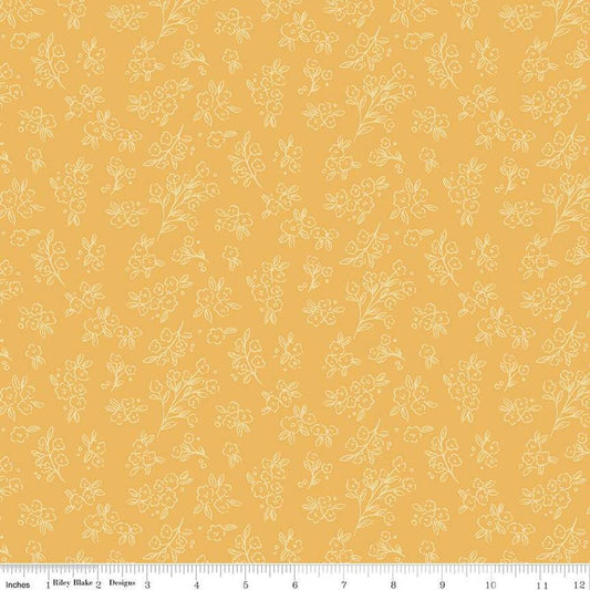 Image of the Floral Charms Posies Honey quilting cotton fabric by Kelsey Carlson for Riley Blake Designs. Features flowers on a yellow background. Cute Little Fabric Shop