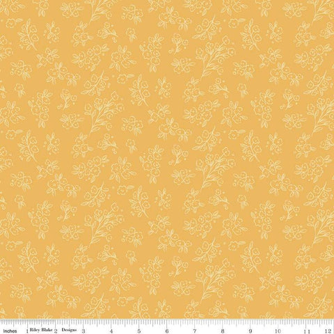 Image of the Floral Charms Posies Honey quilting cotton fabric by Kelsey Carlson for Riley Blake Designs. Features flowers on a yellow background. Cute Little Fabric Shop