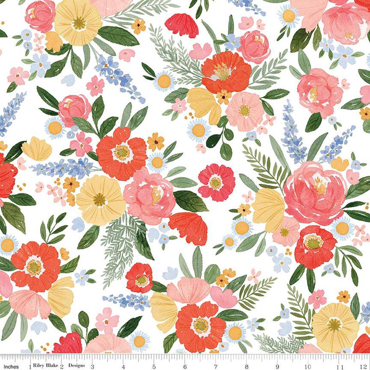 Image of the Floral Charms Main White quilting cotton fabric by Kelsey Carlson for Riley Blake Designs. Features flowers on a white background. Cute Little Fabric Shop