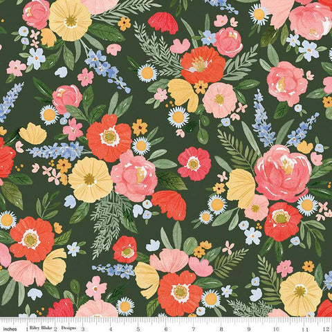 Image of the Floral Charms Main Forest quilting cotton fabric by Kelsey Carlson for Riley Blake Designs. Features flowers on a green background. Cute Little Fabric Shop