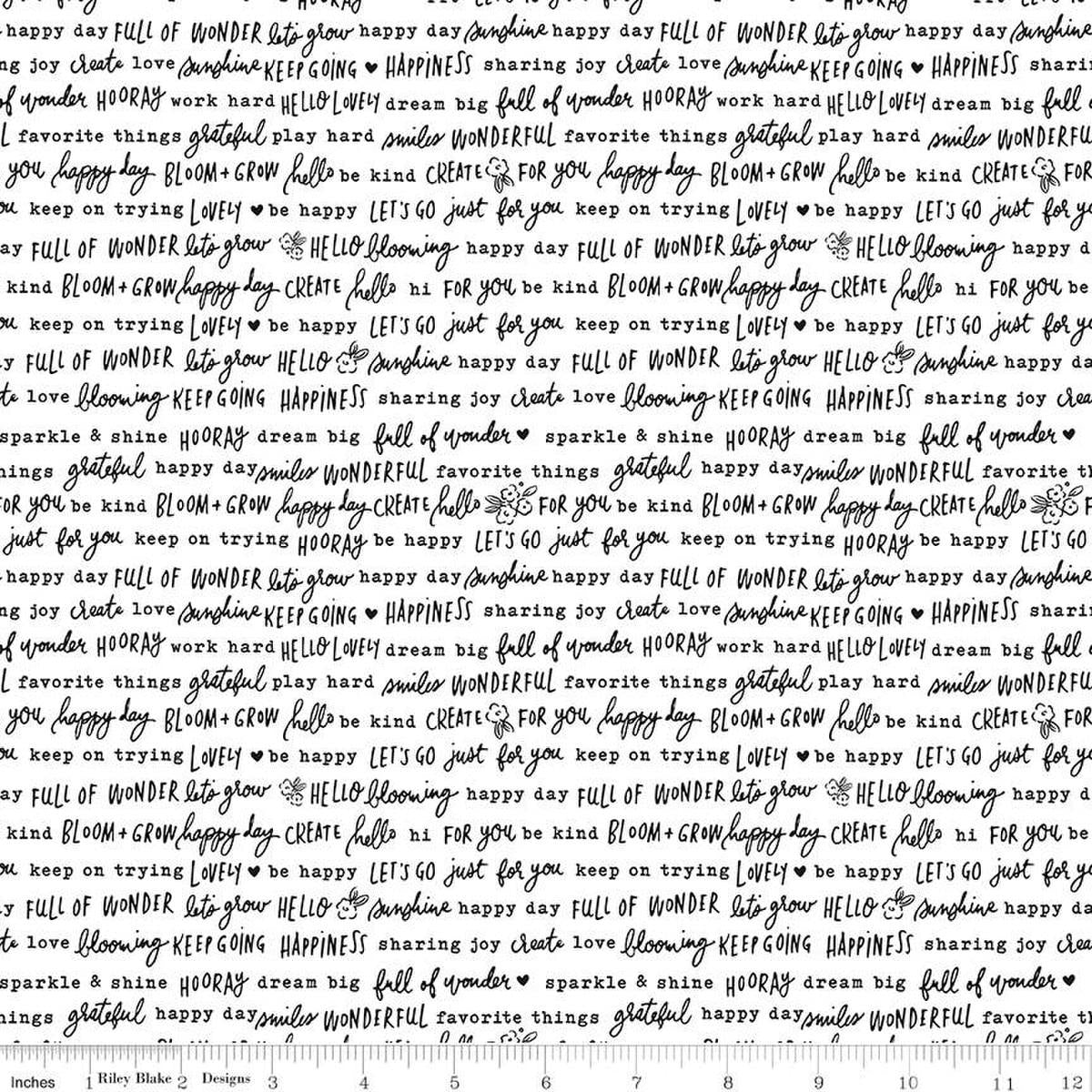 Image of the Floral Charms Pretty Words White quilting cotton fabric by Kelsey Carlson for Riley Blake Designs. Features text on a white background. Cute Little Fabric Shop