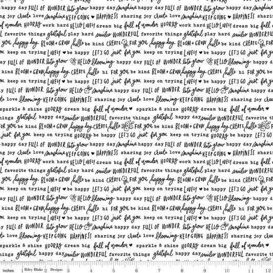 Image of the Floral Charms Pretty Words White quilting cotton fabric by Kelsey Carlson for Riley Blake Designs. Features text on a white background. Cute Little Fabric Shop