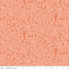 Image of the Floral Charms Collection of Things Apricot quilting cotton fabric by Kelsey Carlson for Riley Blake Designs. Features craft items on a coral background. Cute Little Fabric Shop