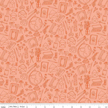 Image of the Floral Charms Collection of Things Apricot quilting cotton fabric by Kelsey Carlson for Riley Blake Designs. Features craft items on a coral background. Cute Little Fabric Shop