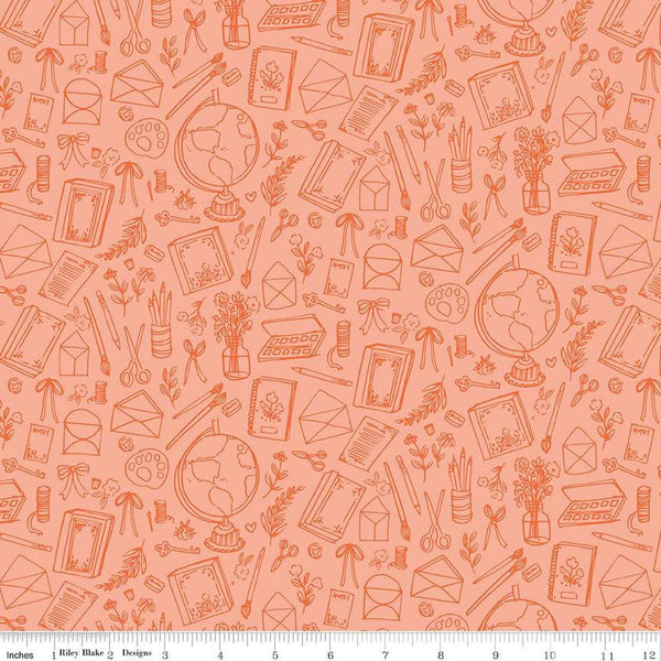 Image of the Floral Charms Collection of Things Apricot quilting cotton fabric by Kelsey Carlson for Riley Blake Designs. Features craft items on a coral background. Cute Little Fabric Shop