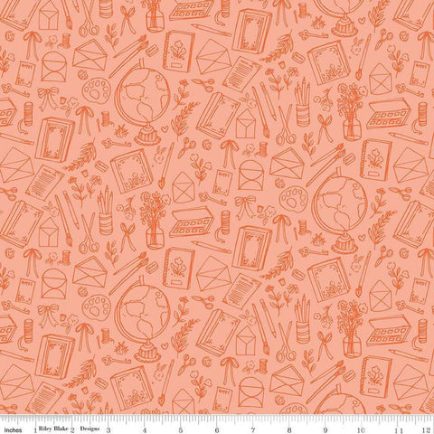 Image of the Floral Charms Collection of Things Apricot quilting cotton fabric by Kelsey Carlson for Riley Blake Designs. Features craft items on a coral background. Cute Little Fabric Shop