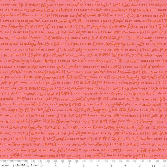 Image of the Floral Charms Pretty Words Tea Rose quilting cotton fabric by Kelsey Carlson for Riley Blake Designs. Features text on a coral background. Cute Little Fabric Shop