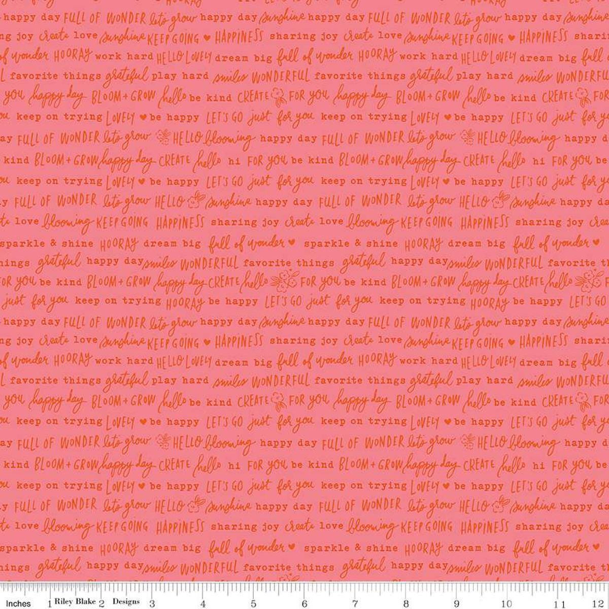 Image of the Floral Charms Pretty Words Tea Rose quilting cotton fabric by Kelsey Carlson for Riley Blake Designs. Features text on a coral background. Cute Little Fabric Shop