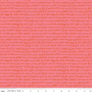 Image of the Floral Charms Pretty Words Tea Rose quilting cotton fabric by Kelsey Carlson for Riley Blake Designs. Features text on a coral background. Cute Little Fabric Shop