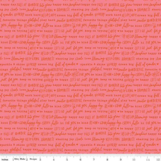 Image of the Floral Charms Pretty Words Tea Rose quilting cotton fabric by Kelsey Carlson for Riley Blake Designs. Features text on a coral background. Cute Little Fabric Shop