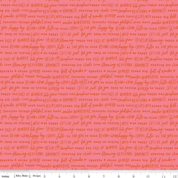 Image of the Floral Charms Pretty Words Tea Rose quilting cotton fabric by Kelsey Carlson for Riley Blake Designs. Features text on a coral background. Cute Little Fabric Shop