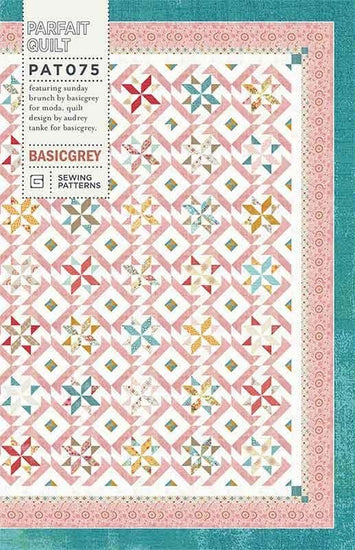 Image of the Parfait quilt pattern by BasicGrey for Moda Fabrics. Features a star spiral pattern. 
Cute Little Fabric Shop
