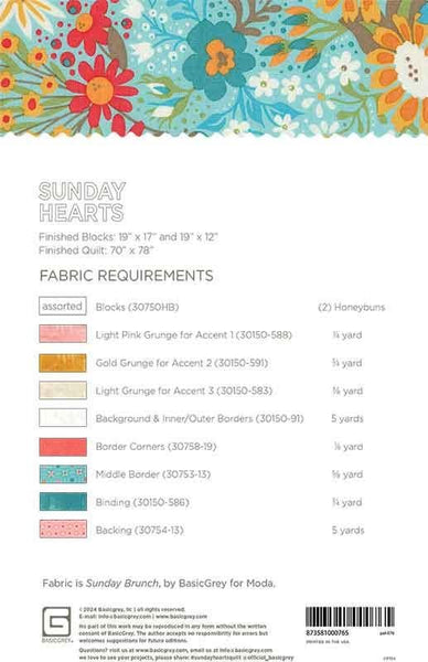 Image of the 
Sunday Hearts quilt pattern by BasicGrey for Moda Fabrics. Features the fabric requirements.
Cute Little Fabric Shop