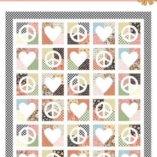 Image of the Peace and Love Quilt Pattern by Frannie B Quilting Co for Riley Blake Designs. Features peace signs and hearts on a quilt. 
Cute Little Fabric Shop