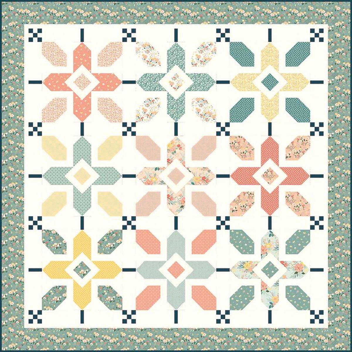 Image of the Pop of Spring quilt pattern by Sandy Gervais for Riley Blake Designs. Features a flower on a quilt. 
Cute Little Fabric Shop