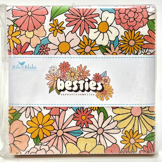 Image of the Besties 5 inch stacker by Corinne Wells for Riley Blake Designs. Features floral bright fabrics. 
Cute Little Fabric Shop