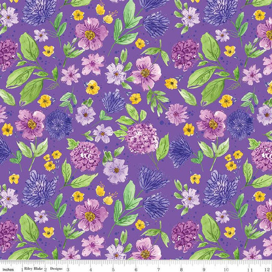 Image of the Wide Back Plum Petals Floral Violet quilting cotton fabric by Riley Blake Designs. Features flowers on a purple background. 
Cute Little Fabric Shop
