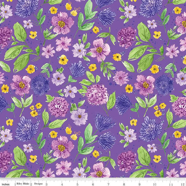 Image of the Wide Back Plum Petals Floral Violet quilting cotton fabric by Riley Blake Designs. Features flowers on a purple background. 
Cute Little Fabric Shop