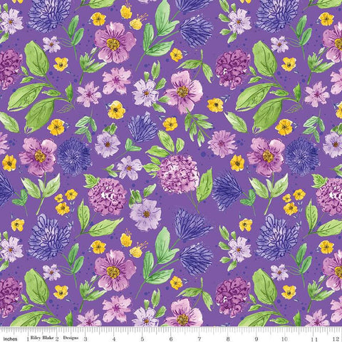 Image of the Wide Back Plum Petals Floral Violet quilting cotton fabric by Riley Blake Designs. Features flowers on a purple background. 
Cute Little Fabric Shop
