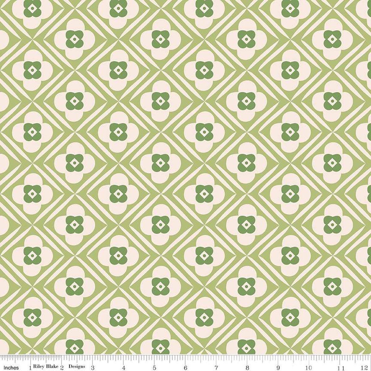 Image of the Bee Plaids Hugs Lettuce wide back quilting cotton fabric by Lori Holt for Riley Blake Designs. Features flowers on a green background. 
Cute Little Fabric Shop