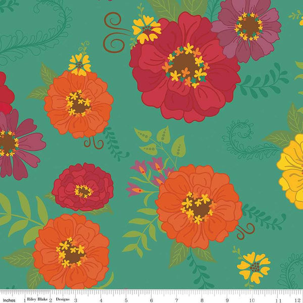 Image of the Wide Back Autumn Afternoon Teal quilting cotton fabric by Heather Peterson for Riley Blake Designs. Features flowers on a teal background. 
Cute Little Fabric Shop