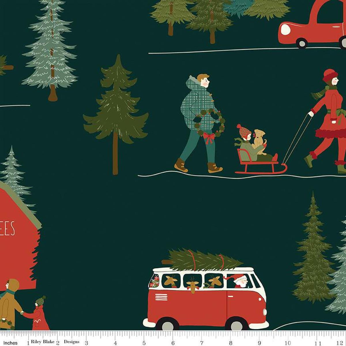 Image of the Wide Back Christmas Is in Town Forest quilting cotton wide back fabric by Sandy Gervais for Riley Blake Designs. Features christmas trees and people on a green background. 
Cute Little Fabric Shop