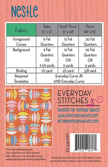Image of the Nestle quilt pattern by Everyday Stitches for Moda Fabrics. Features the fabric requirements for the pattern. 
Cute Little Fabric Shop