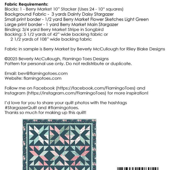 Image of the Stacking Stars quilt pattern by Beverly McCullough for Riley Blake Designs. Features the fabric requirements. 
Cute Little Fabric Shop