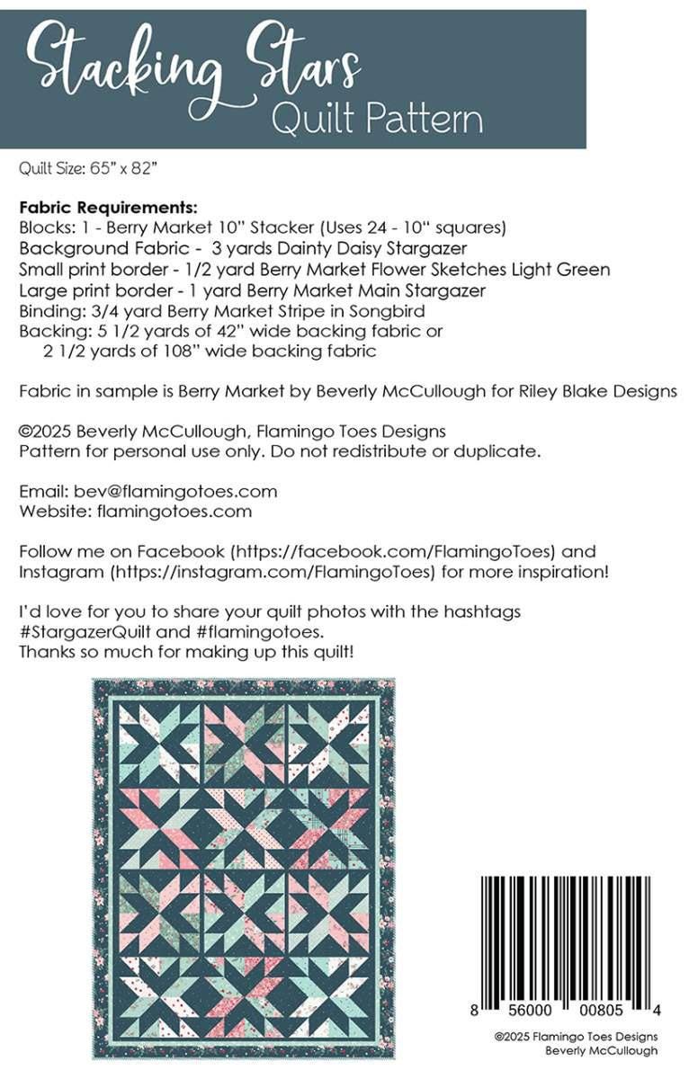 Image of the Stacking Stars quilt pattern by Beverly McCullough for Riley Blake Designs. Features the fabric requirements. 
Cute Little Fabric Shop