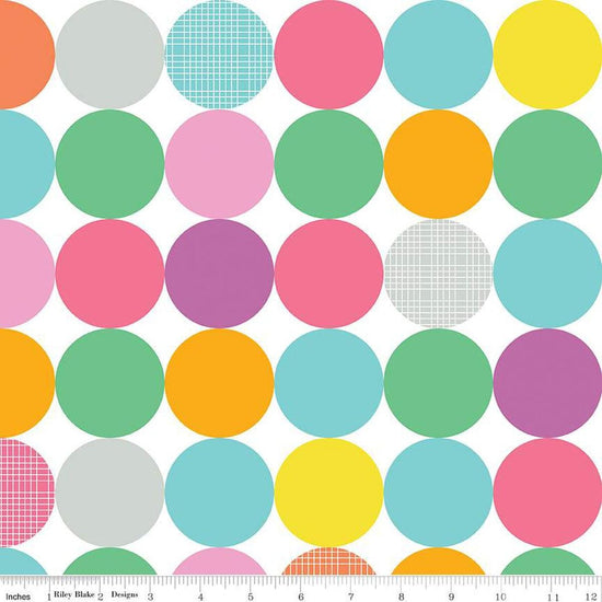 Image of the  Wide Back Effervescence Multi quilting cotton fabric by Sue Daley for Riley Blake Designs. Features circle dots on a white background. 
Cute Little Fabric Shop
