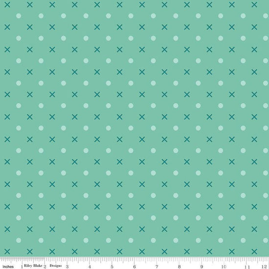 Image of the Wide Back Bee Dots Sea Glass quilting cotton fabric by Lori Holt for Riley Blake Designs. Features Xs and dots on a light teal background. 
Cute Little Fabric Shop