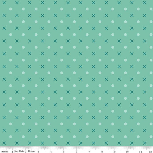 Image of the Wide Back Bee Dots Sea Glass quilting cotton fabric by Lori Holt for Riley Blake Designs. Features Xs and dots on a light teal background. 
Cute Little Fabric Shop