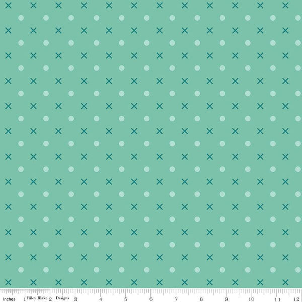 Image of the Wide Back Bee Dots Sea Glass quilting cotton fabric by Lori Holt for Riley Blake Designs. Features Xs and dots on a light teal background. 
Cute Little Fabric Shop