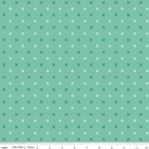 Image of the Wide Back Bee Dots Sea Glass quilting cotton fabric by Lori Holt for Riley Blake Designs. Features Xs and dots on a light teal background. 
Cute Little Fabric Shop