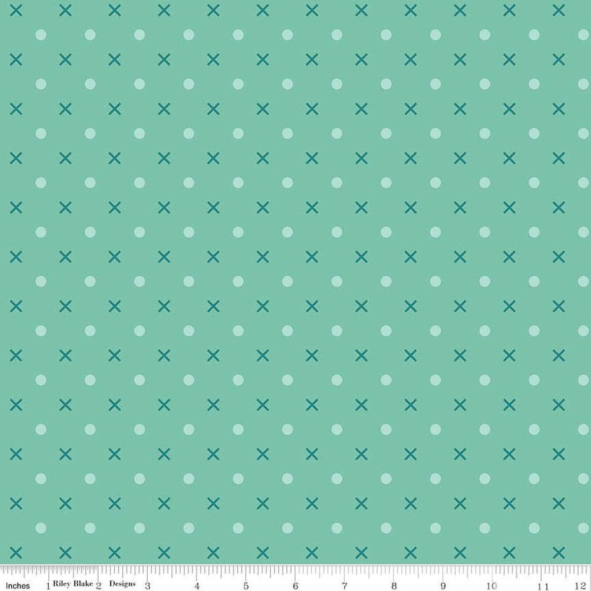 Image of the Wide Back Bee Dots Sea Glass quilting cotton fabric by Lori Holt for Riley Blake Designs. Features Xs and dots on a light teal background. 
Cute Little Fabric Shop