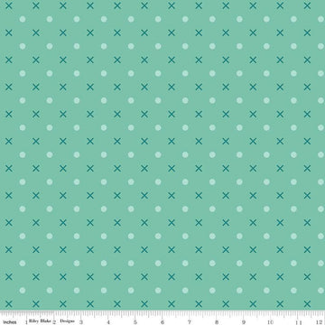 Image of the Wide Back Bee Dots Sea Glass quilting cotton fabric by Lori Holt for Riley Blake Designs. Features Xs and dots on a light teal background. 
Cute Little Fabric Shop