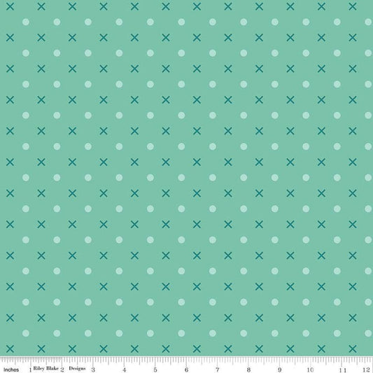 Image of the Wide Back Bee Dots Sea Glass quilting cotton fabric by Lori Holt for Riley Blake Designs. Features Xs and dots on a light teal background. 
Cute Little Fabric Shop