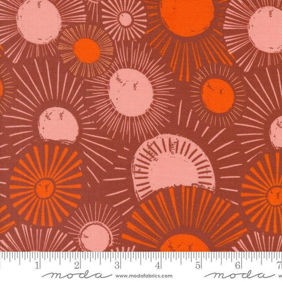 Image of the Things Above Sunrise Paved Brick quilting cotton fabric by Fancy That Design House for Moda Fabrics. Features flowers on a red background. Cute Little Fabric Shop