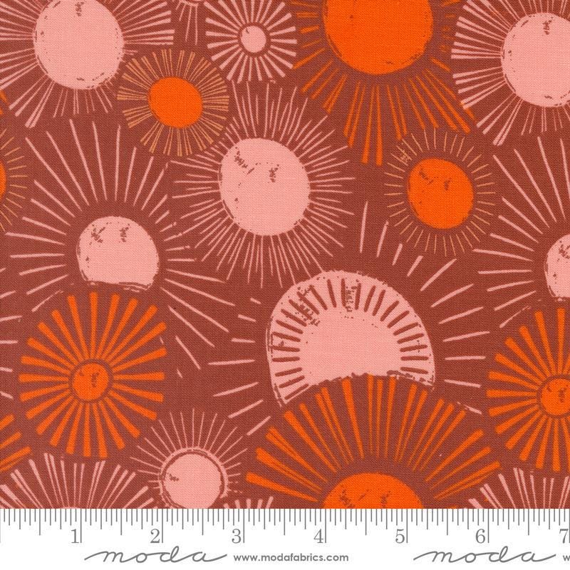 Image of the Things Above Sunrise Paved Brick quilting cotton fabric by Fancy That Design House for Moda Fabrics. Features flowers on a red background. Cute Little Fabric Shop